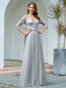 COLOR=Grey | Women'S V-Neck 3/4 Sleeve Lace Wedding Dress-Grey 4