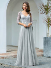Load image into Gallery viewer, COLOR=Grey | Women&#39;S V-Neck 3/4 Sleeve Lace Wedding Dress-Grey 1