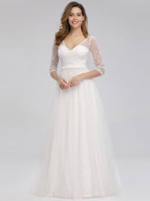 Load image into Gallery viewer, COLOR=White | Women&#39;S V-Neck 3/4 Sleeve Lace Wedding Dress-White 7