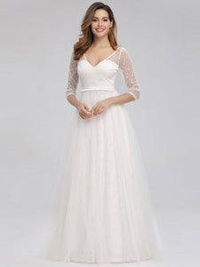 COLOR=White | Women'S V-Neck 3/4 Sleeve Lace Wedding Dress-White 7