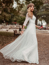 Load image into Gallery viewer, COLOR=White | Women&#39;S V-Neck 3/4 Sleeve Lace Wedding Dress-White 1