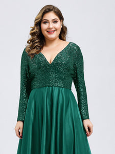 Color=Dark Green | Elegant V-Neck Sequin Plus Size Evening Dress-Dark Green 5