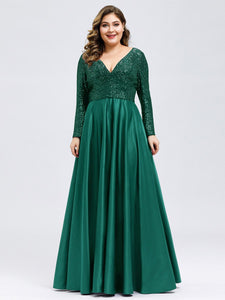 Color=Dark Green | Elegant V-Neck Sequin Plus Size Evening Dress-Dark Green 1
