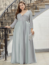 Load image into Gallery viewer, Color=Grey | Elegant V-Neck Sequin Plus Size Evening Dress-Grey 4