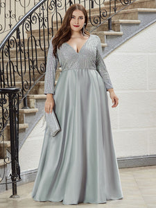 Color=Grey | Elegant V-Neck Sequin Plus Size Evening Dress-Grey 1