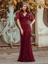 Load image into Gallery viewer, Color=Burgundy | Deep V Neck Shiny Fishtail Evening Dress With Flutter Sleeves-Burgundy 8