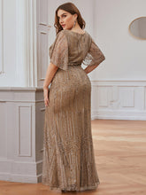 Load image into Gallery viewer, Color=Coffee | Deep V Neck Shiny Fishtail Evening Dress With Flutter Sleeves-Coffee 7