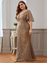 Load image into Gallery viewer, Color=Coffee | Plus Size Deep V Neck Shiny Fishtail Evening Dresses-Coffee 3