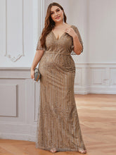 Load image into Gallery viewer, Color=Coffee | Deep V Neck Shiny Fishtail Evening Dress With Flutter Sleeves-Coffee 9