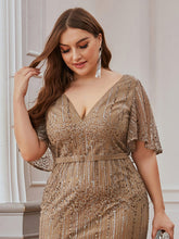 Load image into Gallery viewer, Color=Coffee | Plus Size Deep V Neck Shiny Fishtail Evening Dresses-Coffee 5