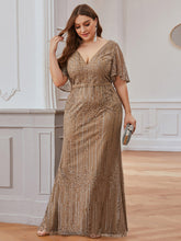 Load image into Gallery viewer, Color=Coffee | Plus Size Deep V Neck Shiny Fishtail Evening Dresses-Coffee 1