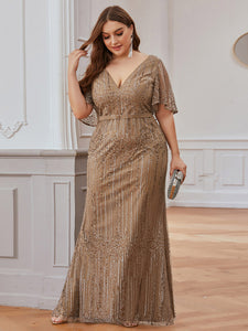 Color=Coffee | Deep V Neck Shiny Fishtail Evening Dress With Flutter Sleeves-Coffee 6