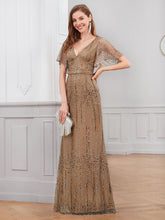 Load image into Gallery viewer, Color=Coffee | Deep V Neck Shiny Fishtail Evening Dress With Flutter Sleeves-Coffee 3