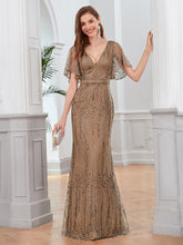 Load image into Gallery viewer, Color=Coffee | Deep V Neck Shiny Fishtail Evening Dress With Flutter Sleeves-Coffee 4