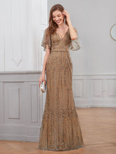 Load image into Gallery viewer, Color=Coffee | Deep V Neck Shiny Fishtail Evening Dress With Flutter Sleeves-Coffee 1