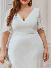 Load image into Gallery viewer, Color=Cream | Plus Size Deep V Neck Shiny Fishtail Evening Dresses-Cream 5