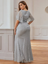 Load image into Gallery viewer, Color=Grey | Plus Size Deep V Neck Shiny Fishtail Evening Dresses-Grey 2