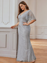 Load image into Gallery viewer, Color=Grey | Plus Size Deep V Neck Shiny Fishtail Evening Dresses-Grey 3