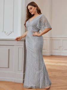 Color=Grey | Deep V Neck Shiny Fishtail Evening Dress With Flutter Sleeves-Grey 8
