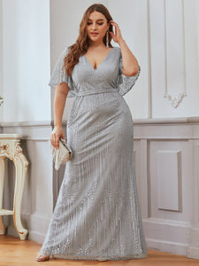 Color=Grey | Plus Size Deep V Neck Shiny Fishtail Evening Dresses-Grey 4