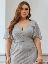 Load image into Gallery viewer, Color=Grey | Deep V Neck Shiny Fishtail Evening Dress With Flutter Sleeves-Grey 10
