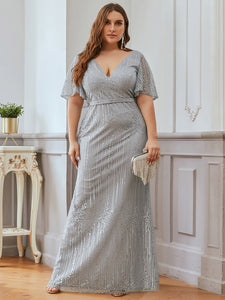 Color=Grey | Plus Size Deep V Neck Shiny Fishtail Evening Dresses-Grey 1