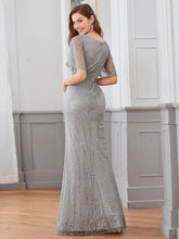 Load image into Gallery viewer, Color=Grey | Deep V Neck Shiny Fishtail Evening Dress With Flutter Sleeves-Grey 2