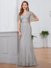 Load image into Gallery viewer, Color=Grey | Deep V Neck Shiny Fishtail Evening Dress With Flutter Sleeves-Grey 3