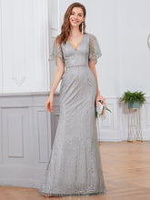 Load image into Gallery viewer, Color=Grey | Deep V Neck Shiny Fishtail Evening Dress With Flutter Sleeves-Grey 4