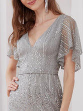 Load image into Gallery viewer, Color=Grey | Deep V Neck Shiny Fishtail Evening Dress With Flutter Sleeves-Grey 5