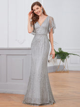 Load image into Gallery viewer, Color=Grey | Deep V Neck Shiny Fishtail Evening Dress With Flutter Sleeves-Grey 1