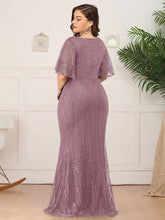 Load image into Gallery viewer, Color=Purple Orchid | Deep V Neck Shiny Fishtail Evening Dress With Flutter Sleeves-Purple Orchid 7