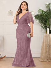 Load image into Gallery viewer, Color=Purple Orchid | Deep V Neck Shiny Fishtail Evening Dress With Flutter Sleeves-Purple Orchid 8