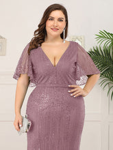 Load image into Gallery viewer, Color=Purple Orchid | Plus Size Deep V Neck Shiny Fishtail Evening Dresses-Purple Orchid 5