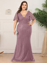 Load image into Gallery viewer, Color=Purple Orchid | Plus Size Deep V Neck Shiny Fishtail Evening Dresses-Purple Orchid 1