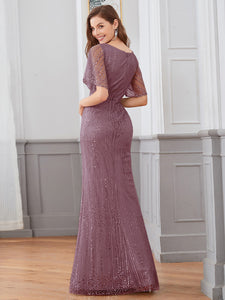 Color=Purple Orchid | Deep V Neck Shiny Fishtail Evening Dress With Flutter Sleeves-Purple Orchid 2