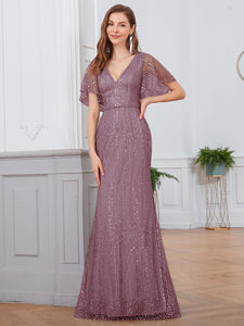 Color=Purple Orchid | Deep V Neck Shiny Fishtail Evening Dress With Flutter Sleeves-Purple Orchid 3