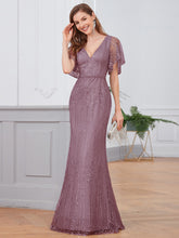 Load image into Gallery viewer, Color=Purple Orchid | Deep V Neck Shiny Fishtail Evening Dress With Flutter Sleeves-Purple Orchid 1
