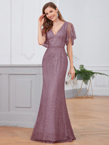 Color=Purple Orchid | Deep V Neck Shiny Fishtail Evening Dress With Flutter Sleeves-Purple Orchid 1