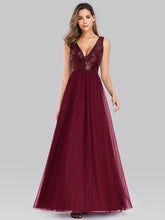 Load image into Gallery viewer, Color=Burgundy | Women&#39;S V-Neck Sequins Dress Patchwork Evening Party Dress-Burgundy 2