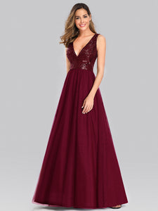 Color=Burgundy | Women'S V-Neck Sequins Dress Patchwork Evening Party Dress-Burgundy 3