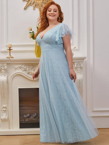 Color=Sky Blue | Double V Neck Lace Evening Dresses With Ruffle Sleeves-Sky Blue 3