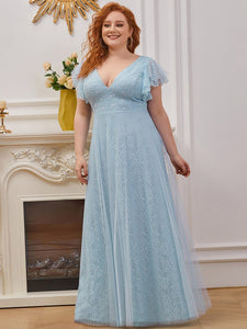 Color=Sky Blue | Plus Size Double V Neck Lace Evening Dresses With Ruffle Sleeves-Sky Blue 4