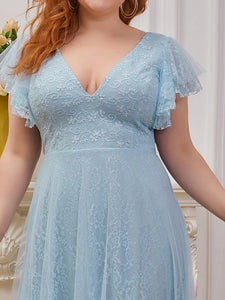 Color=Sky Blue | Plus Size Double V Neck Lace Evening Dresses With Ruffle Sleeves-Sky Blue 5
