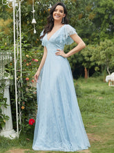 Load image into Gallery viewer, Color=Sky Blue | Double V Neck Lace Evening Dresses With Ruffle Sleeves-Sky Blue 6