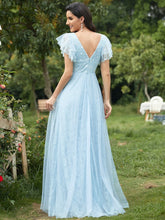 Load image into Gallery viewer, Color=Sky Blue | Double V Neck Lace Evening Dresses With Ruffle Sleeves-Sky Blue 7
