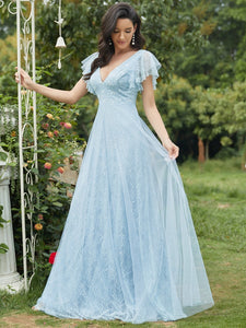 Color=Sky Blue | Double V Neck Lace Evening Dresses With Ruffle Sleeves-Sky Blue 8