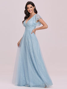 Color=Sky Blue | Double V Neck Lace Evening Dresses With Ruffle Sleeves-Sky Blue 1