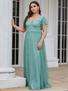 Color=Dusty blue | Plus Size Double V Neck Lace Evening Dresses With Ruffle Sleeves-Dusty blue 3