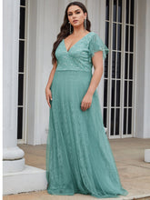 Load image into Gallery viewer, Color=Dusty blue | Double V Neck Lace Evening Dresses With Ruffle Sleeves-Dusty blue 4